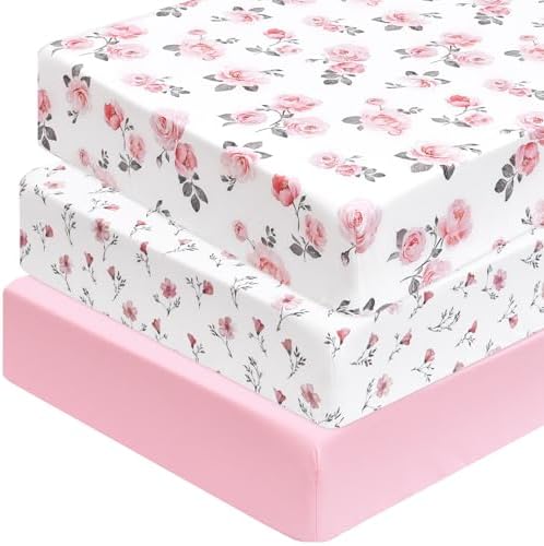 PHF 3 Pack Soft Rose Floral Crib Sheets Fitted, Silky Comfy Breathable Baby by PHF