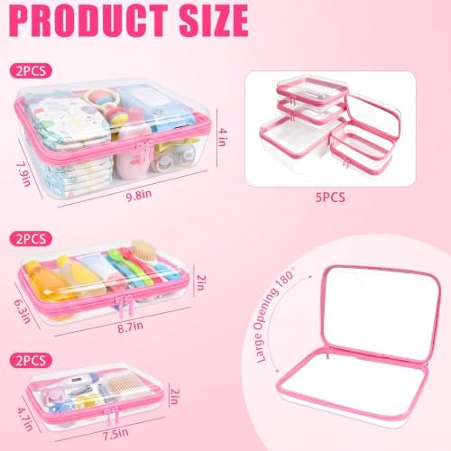 5 Pack Large Clear Hard Shell Zipper Case, Diaper Bag Organizer Pouches - Image 2
