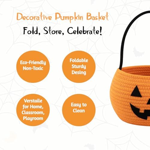 Pumpkin Storage Basket | Woven Cotton Rope Bin | Cute Halloween Candy Bowl - Image 4