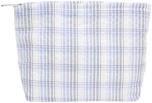 Flat Makeup Bag for Women, Zipper Cosmetic Pouch for Purse, Plaid Sky Blue by PAZIMIIK