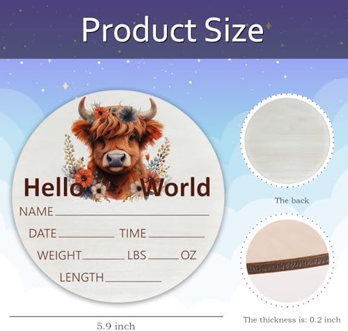 Highland Cow Baby Announcement Sign, Wooden Nursery Name Plaque 6in - Image 3