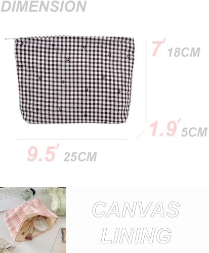 Flat Makeup Bag for Women, Zipper Cosmetic Pouch for Purse, Gingham Floral - Image 4