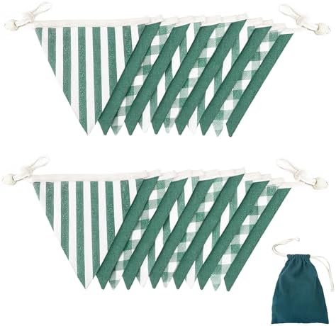 2 Sets Green Pennant Banner Flags 24Pcs Green Buffalo Plaid Striped Banner - Image 3