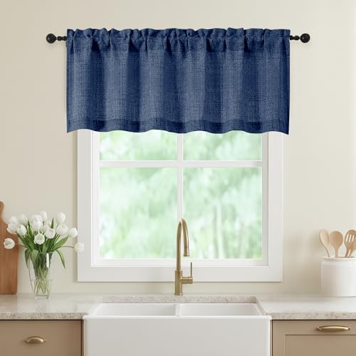 Navy Blue Valances for Windows, Light Filtering Faux Linen Textured Small Short by WelvetBLK
