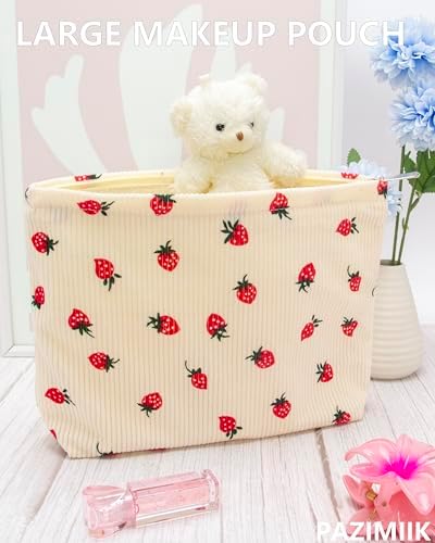 Flat Makeup Bag for Women, Zipper Cosmetic Pouch for Purse, Strawberry Beige - Image 2