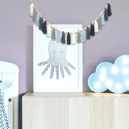 Dusty Blue Yarn Tassel Garland Wall Hanging Decor Coastal Boho Tassels Bunting - Image 3