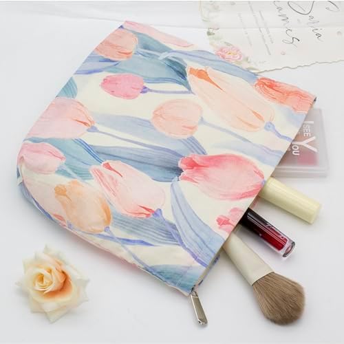 Flat Makeup Bag for Women, Zipper Cosmetic Pouch for Purse, Tulips Pink - Image 3