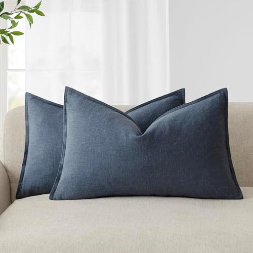 Foindtower Decorative Linen Lumbar Throw Pillow Covers 12x20 Inch Navy Blue by Foindtower
