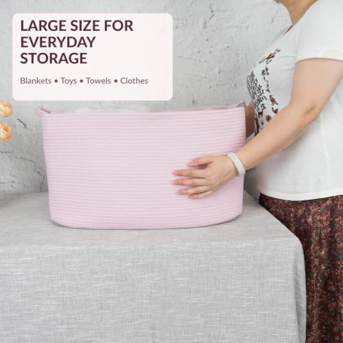 XUANGUO Large Rectangle Woven Cotton Rope Blanket Basket 22"x17"x12" Pink - Image 3