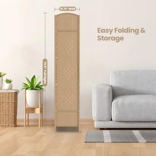6 Panel Folding Room Divider, Woven Privacy Screen, Light Beige - Image 7