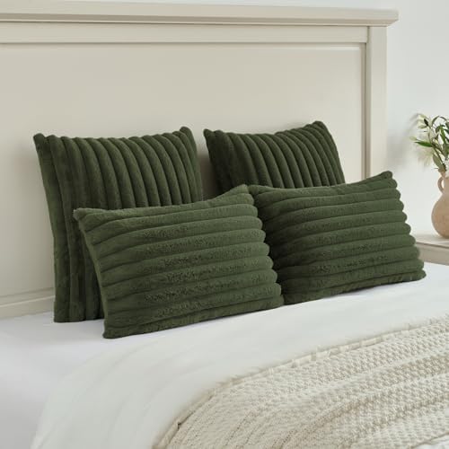 FUTEI Pack of 2 Faux Fur Throw Pillow Covers 20x20 Inch, Olive Green - Image 5