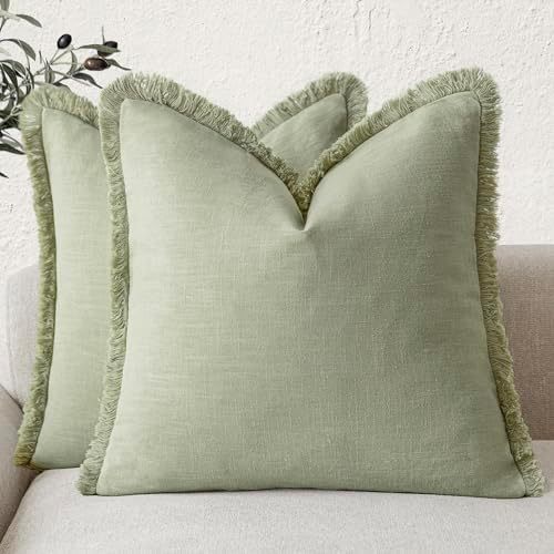 Foindtower Decorative Linen Fringe Throw Pillow Covers 22×22 Light Green by Foindtower