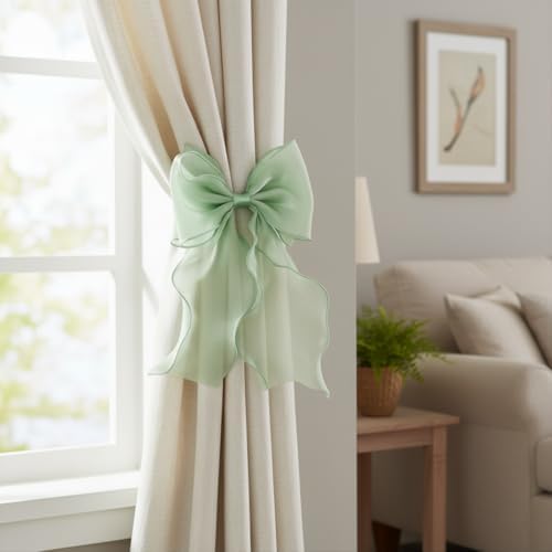2 Pack French Lace Bow Curtain Tiebacks, Mint Green - Image 4