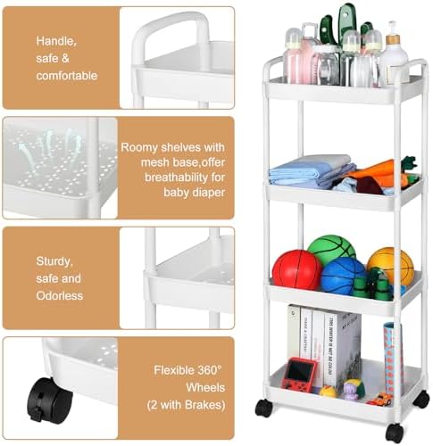 Barydat Baby Diaper Caddy Cart, 4-Tier Rolling Cart - Image 4