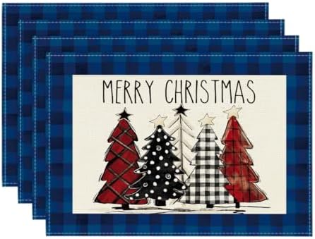 Artoid Mode Blue Waterclor Buffalo Plaid Christmas Trees Placemats Set of 4 by ArtoidMode