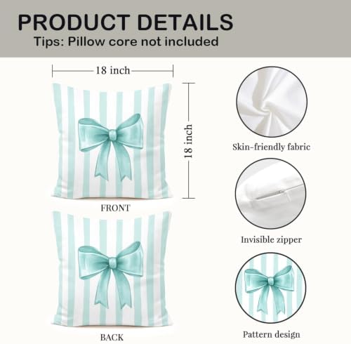Aqua Bow Decorative Throw Pillow 18x18 Inch – Cute Blush Pink Striped Pillow - Image 2