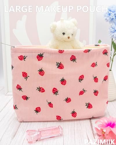 Flat Makeup Bag for Women, Zipper Cosmetic Pouch for Purse, Strawberry Pink - Image 2
