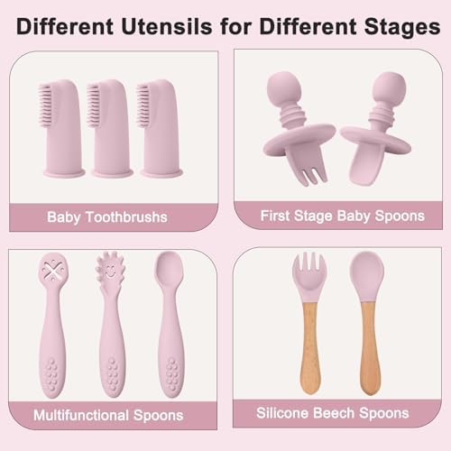 Silicone Baby Feeding Set 14 Pcs, Baby Led Weaning Set, Light Pink - Image 6
