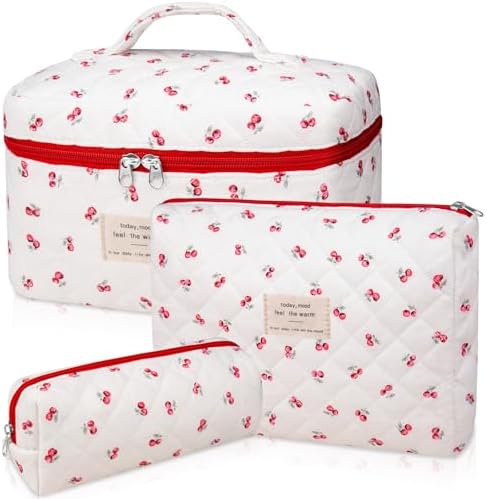Gosect 3pc Makeup Bag Set, Quilted Makeup Bag Set, Large Floral Cosmetic Bag by Gosect