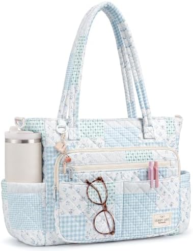 WOBAGMEN Teacher Tote Bag for Women, Quilted Floral Laptop Work Tote by WOBAGMEN