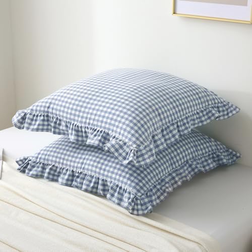 2 Pack Dust Blue Gingham Ruffle Throw Pillow Covers 22''x22'' - Image 2