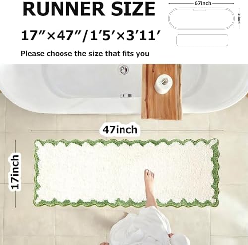 ORTIGIA Long Cute Scalloped Bathroom Rugs Runner, Fun White and Green Plush - Image 2