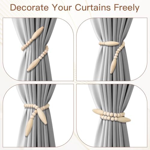 Wood Bead Curtain Tiebacks 4 Pack, No Drill Curtain Holdbacks - Image 3