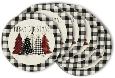 Artoid Mode Waterclor Buffalo Plaid Christmas Trees Merry Xmas Round Placemats by ArtoidMode