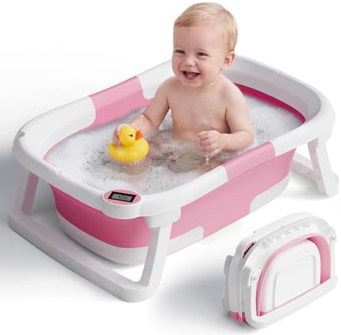 Collapsible Baby Bathtub with Thermometer, 0-36 Months, Dark Pink by iBabyMax