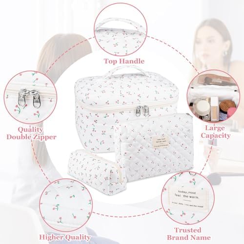 Gosect Large Makeup Bag Set, Quilted Makeup Bag, Floral Cosmetic Bag - Image 3