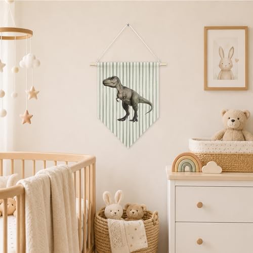 KYTWSFWS Dinosaur Nursery Wall Art Pennant Flag, Boys Room Wall Decor, Sage - Image 3