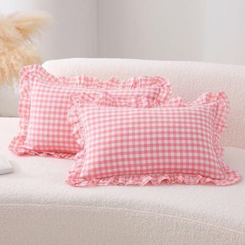 2 Pack Coral Pink Gingham Lumbar Throw Pillow Shams 12''x20'' by KMASANIJI