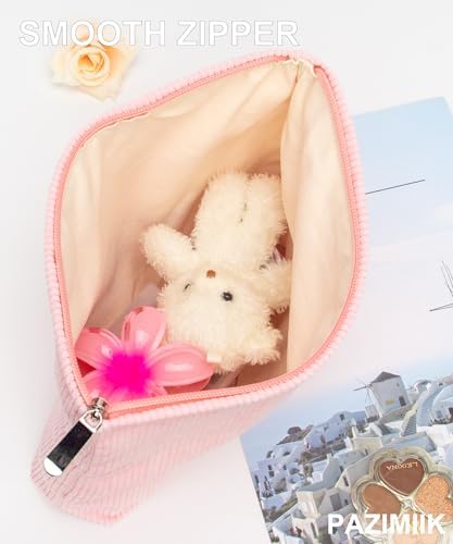Flat Makeup Bag for Women, Zipper Cosmetic Pouch Purse, Corduroy Cute Pink - Image 2