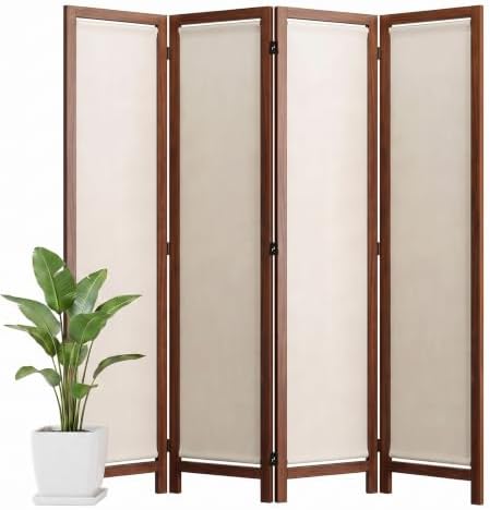 Wood Room Divider Panel with Linen Fabric, Boho Folding Privacy Screen 67" by Shinkael