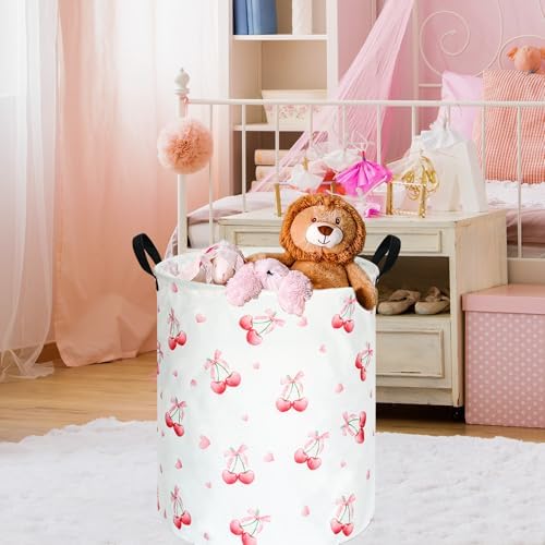 Cherry Print Round Laundry Hamper Storage Basket Bins Clothes Nursery Hamper - Image 4