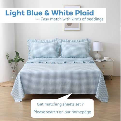 2 Pack Light Blue Gingham Ruffle Standard Pillow Shams 20"x26" - Image 2