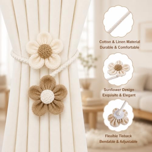 2 Pack Boho Curtain Tiebacks, Adjustable Linen Cotton Flower Holdbacks - Image 3