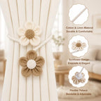 2 Pack Boho Curtain Tiebacks, Adjustable Linen Cotton Flower Holdbacks - Image 3