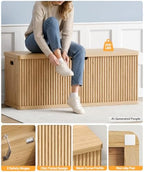 Akxomel 45.3" Fluted Storage Chest Wooden Storage Trunk 2 Safety Hinges Oak - Image 6