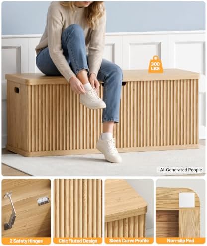 Akxomel 45.3" Fluted Storage Chest Wooden Storage Trunk 2 Safety Hinges Oak - Image 6