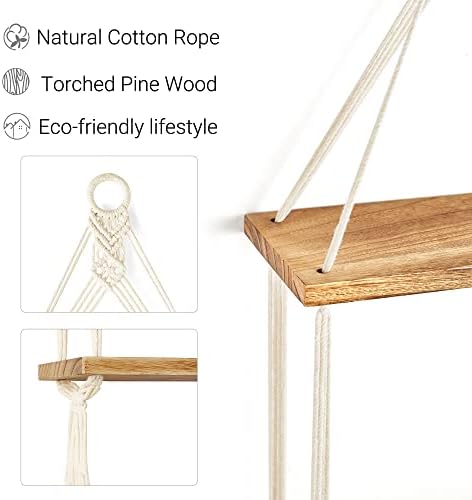 Mkono Macrame Hanging Shelf 2 Tier Boho Wall Room Decor - Image 4