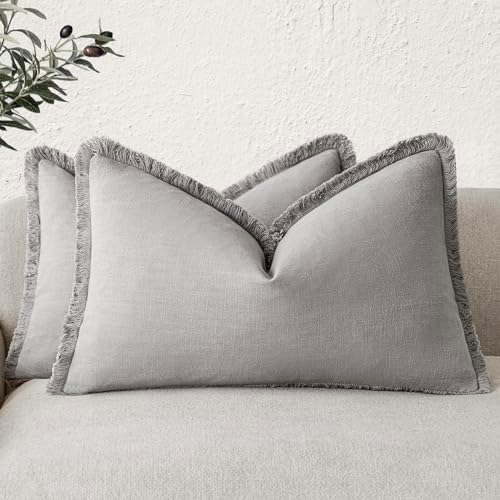Foindtower Boho Linen Fringe Lumbar Throw Pillow Covers 12×24 Light Gray by Foindtower