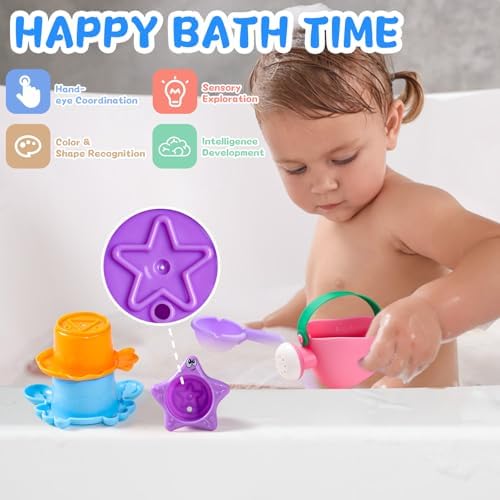 Fajiabao Toddler Bath Toys for Kids Ages 1-3 Stack, Scoop & Pour Set 9PCS - Image 2