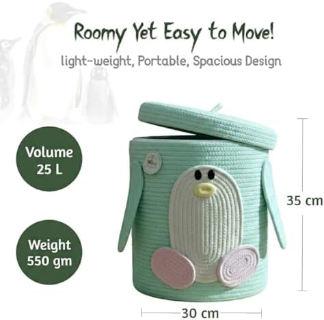 Storage Basket with Lid, Collapsible Woven Cotton Rope Basket, Penguin Design - Image 4