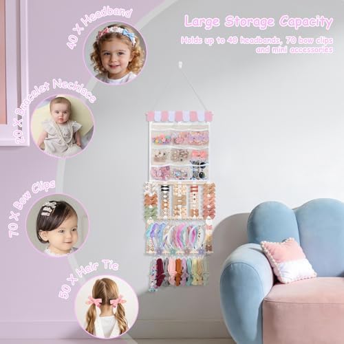 Bow Organizer for Girls Baby Headband Holder w/Sorted Mesh Pockets - Image 4