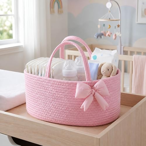 Hushee Pink Bow Baby Diaper Caddy Organizer Bag Basket - Image 3