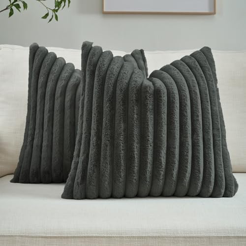FUTEI Pack of 2 Faux Fur Throw Pillow Covers 24x24 Inch, Dark Grey by FUTEI