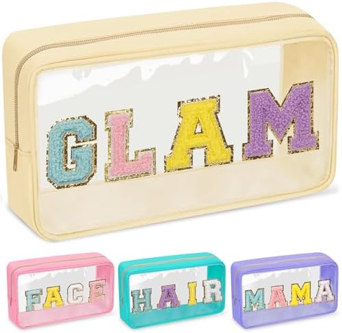 Chenille Letter Clear Makeup Bags Glam Pouch, Preppy Patch Makeup Bag by izuzta