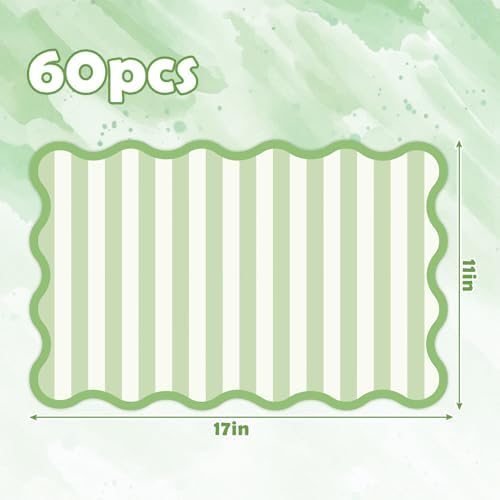 JarThenaAMCS 60 Pcs Light Green Striped Paper Placemats Scalloped Edge Table - Image 2