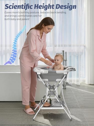 Baby Bathtub with Stand, Foldable Metal Standing Baby Bath Tub, 3-in-1 - Image 3